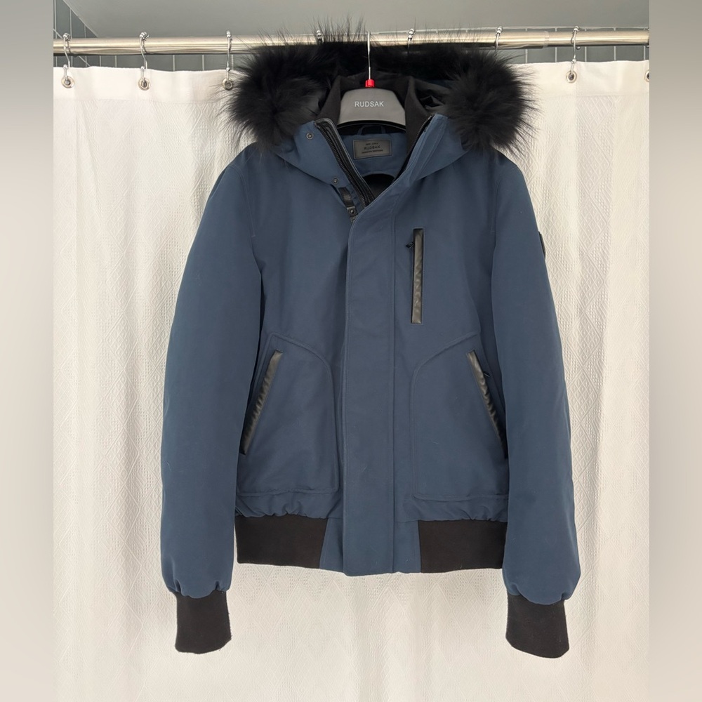 RUDSAK Men's Navy Down Bomber Jacket with Black Fur Hood
